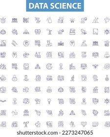 Data science line icons, signs set. Data, Science, Analysis, Modeling, Big, Machine, Learning, Algorithms, Predictive outline vector illustrations.