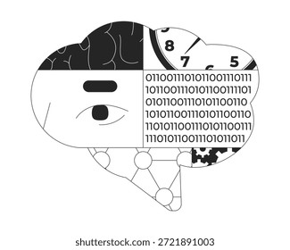 Concepto de ilustración de línea de ciencia de datos. Inteligencia artificial. Aprendizaje profundo. Análisis de series temporales. Red neuronal. Contorno cerebral segmentado composición 2D aislada. Arte vectorial de metáfora lineal de tinta