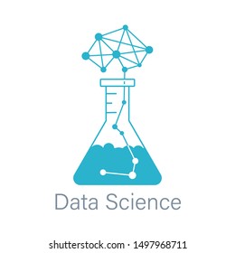 Data science or machine learning research as chemical experiment. Explosion as neural network brain above the flask. AI or deep learning concept. Vector illustration.