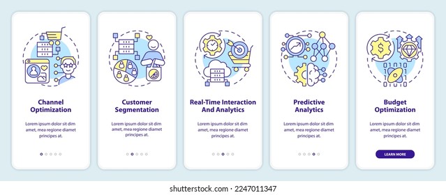 Data science in marketing onboarding mobile app screen. Business walkthrough 5 steps editable graphic instructions with linear concepts. UI, UX, GUI template. Myriad Pro-Bold, Regular fonts used