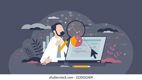 Data science online course for information research skill tiny person concept. Big data learning and digital code programming with scientific methods vector illustration. Algorithms study and training