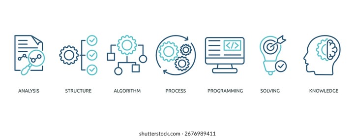 data science outline cor banner ícone de análise, estrutura, algoritmo, processo, programação, resolução, conhecimento