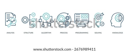 data science outline color banner icon of analysis, structure, algorithm, process, programming, solving, knowledge
