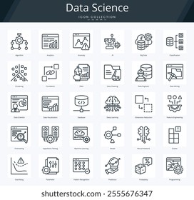 Data science outline icon pack for predictive analysis and database management