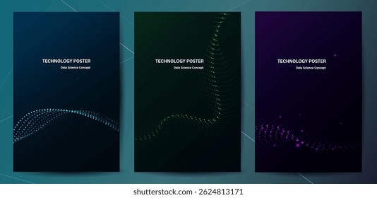 Data Science Poster Set. Abstract particle wave technology background. Cyber tech big data concept corporate business concept