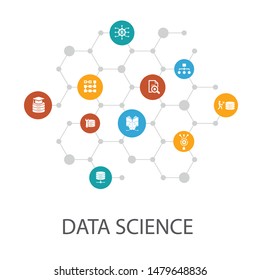 Data Science presentation template, cover layout and infographics.machine learning, Big Data, Database, Classification simple icons