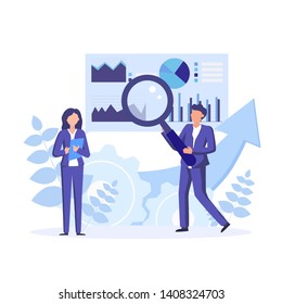 Data Science Research, Analysis In The Finance Industry. Data Scientists, Analytical Data Experts Manage The Data. Vector Concept Illustration.