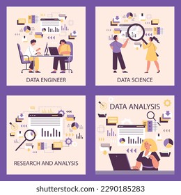 Data science, research and analysis posters set, flat vector illustration. People working as data scientists, doing research of information. Abstract drawing of data engineer profession.