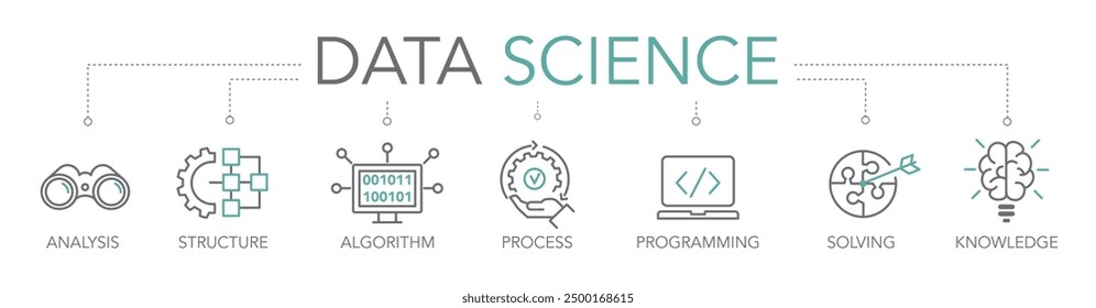 Data science and scientific computing concept. Keywords and editable thin line vector icons two-tone