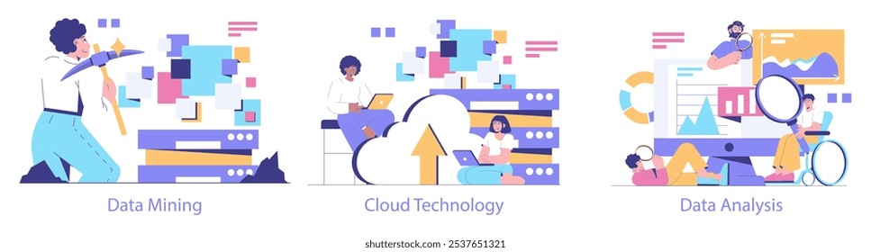 Data Science set. Professionals engaging in data mining, cloud computing, and analysis. Innovative technologies and big data exploration. Vector illustration.