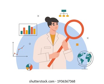 Data science, statistics analysis concept. Woman scientist, female professor in uniform analysing information. Scientific research and innovation. Isolated flat vector illustration