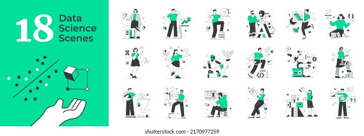 Data science and technologies concepts. Scenes with characters for visual storytelling. Linear style vector illustration. Mega set