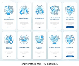 Data science technology trends blue onboarding mobile app screens set. Walkthrough 5 steps editable graphic instructions with linear concepts. UI, UX, GUI template. Myriad Pro-Bold, Regular fonts used