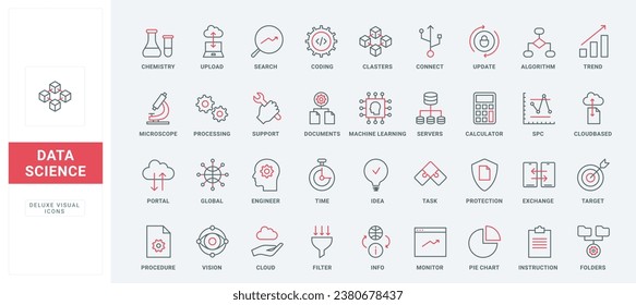 Data science thin black and red line icons set vector illustration. Outline symbols of digital algorithm for AI research, magnifier search process, machine learning global technology, server support