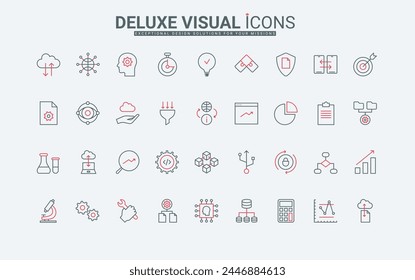 Data science thin black and red line icons set vector illustration. Outline symbols of chemistry and laboratory research with microscope, automatic digital analysis of innovation models, creative idea