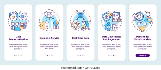Data science trends onboarding mobile app screen. Development walkthrough 5 steps editable graphic instructions with linear concepts. UI, UX, GUI template. Myriad Pro-Bold, Regular fonts used