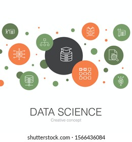 Data science trendy circle template with simple icons. Contains such elements as machine learning, Big Data, Database, Classification