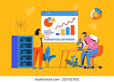 Data Science Web Concept In Flat 2d Design. Man And Woman Working With Databases And Analyzing On Dashboard. Tech Support Team Maintain Of Server Racks Room Work. Vector Illustration With People Scene