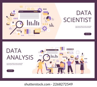 Data scientist and data analyst professional occupation banners or flyers set, flat cartoon vector illustration. Big data statistics, machine learning and programming.