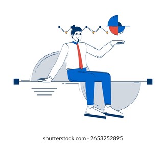 Científico de datos en concepto de ilustración de doodle de análisis. Analista basado en la perspicacia. Visualización de datos. Hombre de negocios que presenta el carácter 2D de la historieta del gráfico aislado en blanco. Metáfora de Vector dibujada a mano