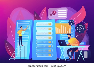 Data scientist, data analytics manager, database developer and administrator working. Big data job, database developers, careers in big data concept. Bright vibrant violet vector isolated illustration