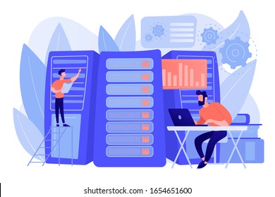 Data scientist, data analytics manager, database developer and administrator working. Big data job, database developers, careers in big data concept. Pinkish coral bluevector isolated illustration