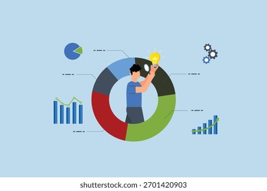 Cientista de dados analisa dados, empresário analisa dados com lâmpada.