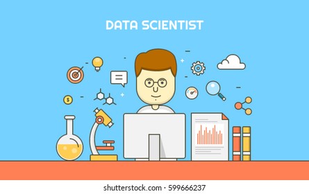 Data Scientist analyzing web data, information by using analytical tools, flat line vector illustration with icons and elements