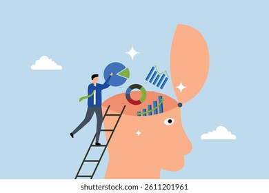 Data scientist, businessman put graph diagram report on human head brain.