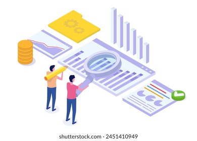 In: Data Scientist Concept. Data Analytics recherchieren und arbeiten an einem Bericht, der Grafiken und ein Dashboard auf einem Monitor verwendet. Isometrische Vektorillustration.