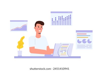 Data scientist concept. Business professional in a meeting discuss data analytics research and collaborate on a report, utilizing graphs and a dashboard on a monitor. Vector illustration.