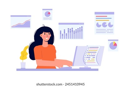 Data scientist concept. Business professional in a meeting discuss data analytics research and collaborate on a report, utilizing graphs and a dashboard on a monitor. Vector illustration.