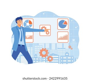 Data scientist looking and interacting with virtual dashboard to analyze data in charts and statistics. flat vector modern illustration 
