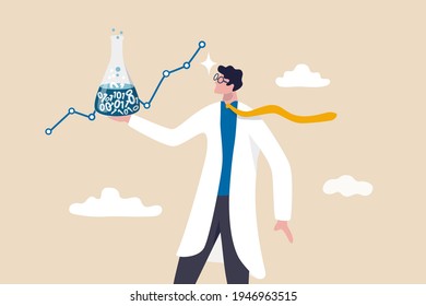 Data scientist, machine learning or deep learning to analyze data for insight use for business development concept, businessman with scientist suit holding laboratory tube with digital data experiment