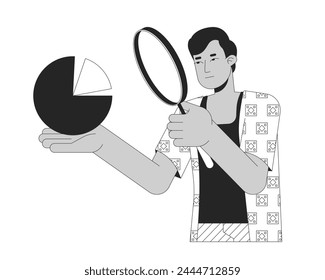 Data scientist magnifying glass black and white 2D illustration concept. Indian man with loupe holding chart cartoon outline character isolated on white. Strategy planning metaphor monochrome vector