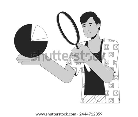 Data scientist magnifying glass black and white 2D illustration concept. Indian man with loupe holding chart cartoon outline character isolated on white. Strategy planning metaphor monochrome vector