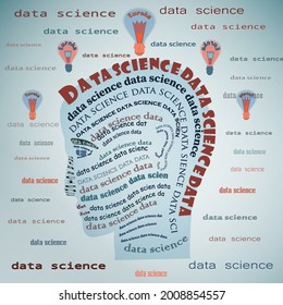 Data scientist. Man's head in vector using the font. Background with blue gradient.