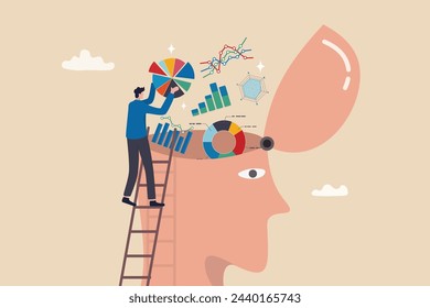 Data scientist, research information or data analysis, intelligence info or knowledge to analyze report, big data or genius concept, businessman put graph diagram report on human head brain.