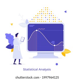 Data scientist, researcher or analyst looking at computer with diagram on screen. Concept of statistical analysis, business analytics software. Modern flat vector illustration for poster, banner.