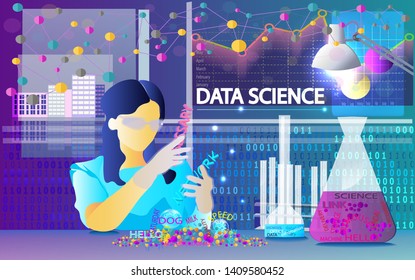 Data scientist sorts words on test tubes; concept of data science, data mining and data analysis 