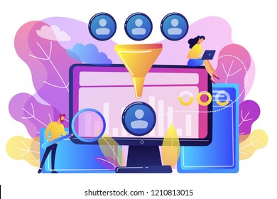 Data scientist and specialist extract knowledge and insights from data. Data science analytics, machine learning control, big data analytics concept. Bright vibrant violet vector isolated illustration