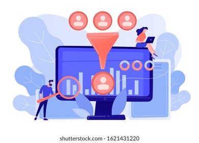 Data scientist and specialist extract knowledge and insights from data. Data science analytics, machine learning control, big data analytics concept. Pinkish coral bluevector isolated illustration