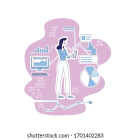 Data scientist thin line concept vector illustration. Female IT information analyst, woman with gadgets 2D cartoon character for web design. Data analysis, machine learning creative idea