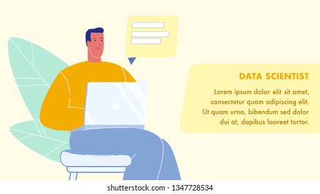 Data Scientist Vector Web Banner with Text Space. Man Working on Laptop. Business Analytics, Statistics. Student Using Computer. Character at Workplace in Office. Freelancer at Home, Cafe