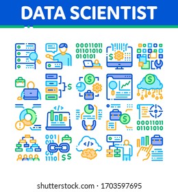 Data Scientist Worker Collection Icons Set Vector. Server And Web Site Research, Programmer And Data Scientist, Binary Code And Infographic Concept Linear Pictograms. Color Illustrations