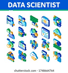 Data Scientist Worker Collection Icons Set Vector. Server- und Website-Recherche, Programmierer- und Datenwissenschaftler, Binärkode- und Infografik-Illustrationen