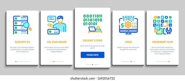 Vektorillustration des Bildschirms "Data Scientist Onboarding Mobile App Page". Server- und Website-Recherchen, Programmierer- und Datenwissenschaftler, Binärkode- und Infografikfarben-Kontrastbilder