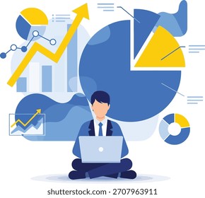 Data Scientist Arbeiten mit Big Data und Wachstumsdiagrammen Vektorgrafik | Umfassende Geschäftsanalyse