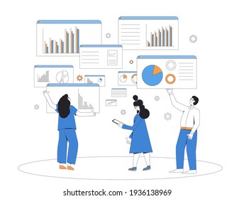 Científicos de datos. Concepto de analista de negocios. Caracteres con esquemas y diagramas. Investigadoras financieras de sexo femenino y masculino. Ilustración de la línea de color del vector.