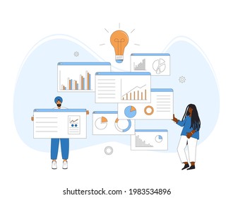 Data scientists. Business analyst concept. Characters with schemes and diagrams. Female and male financial researchers. Vector color line art illustration.